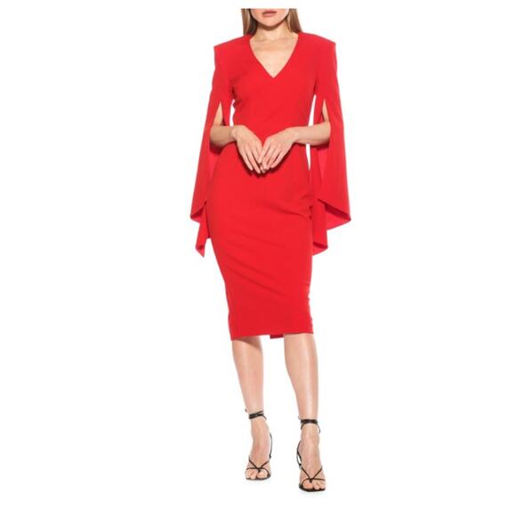 Alexia Admor Ocean Flare Split Sleeve Midi Sheath Dress V-Neck Red - Picture 1 of 11